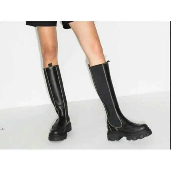 Ganni Women's Black Leather Knee High Chelsea Boots Size 35 EU (MSRP $595) - Picture 11 of 12